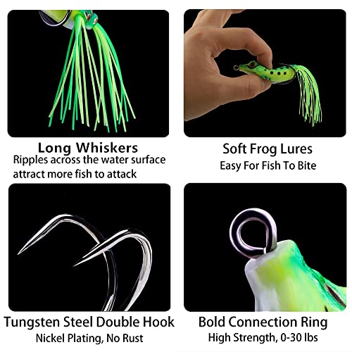 5PCS Topwater Frog Lures Set with Box, Realistic Soft Hollow Body Fishing Lures for Bass Snakehead Pike Bowfin, Weedless Freshwater Simulated Frog Baits