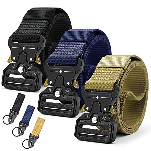 DOOPAI Tactical Belt for Men, 3Pack Military Nylon Web with Heavy Duty Quick Release Metal Buckle - color: 20 Black/Blue/Beige, size: 28-42 Waist Adjustable 125 cm (3 Pack)