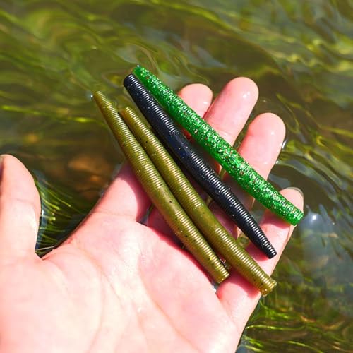 Fishing Soft Plastic Lures - 10pcs Rubber Worms for Fishing Bass, 3.93" Watermelon Color, for Freshwater & Saltwater Fishing - color: Green Pumpkin & Watemmelon Laminate