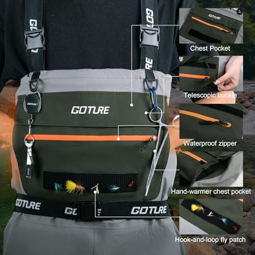 Goture 5-Layer Waterproof Stocking Foot Waders, Breathable Fly Fishing Waders for Men Women, Multiple Storage Pockets 5 Sizes - color: Green - Gift Box Pack, size: Small