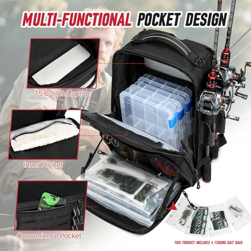 Fishing Tackle Backpack,Tackle Bags with 2 Rod Holders,Water-Resistant Tackle Bag Storage Bag for Fishing Gear(Black) - color: A-Black(Without tackle box)