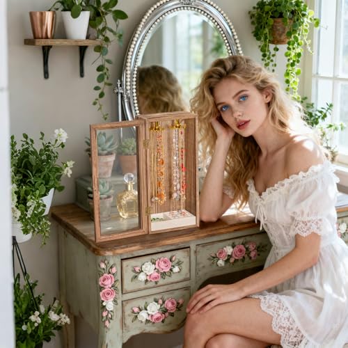 SINGLBA Necklace Holder Organizer, Wooden Jewelry Box for Women Girls, Rotatable Jewelry Organizer Case with Ring Tray Display & Storage for Necklaces Bracelets Rings Earrings, Gifts for Women Her - color: Carbonized Brown