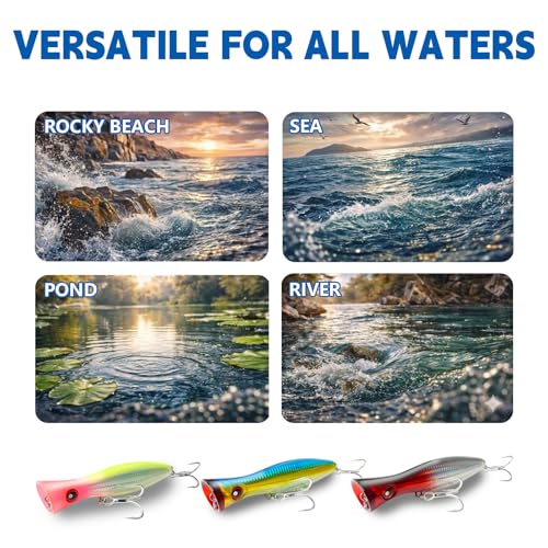 6.2 Inch 2.73 oz Saltwater Topwater Popper Fishing Lures with 3/0 4X Strengthened BKK Treble Hooks, Through-Wire for Strength & Durability, Target GT, Tuna, Sea Bass, Marlin - color: A1-/2.73OZ-6.2''