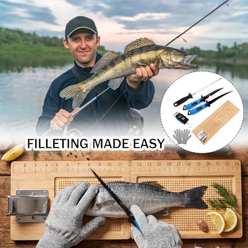 6 Pcs Fish Cleaning Kit Include Cutting Board Fish Fillet Boards with Clamp 2 Knife Cut Resistant Gloves Scale with Built in Measuring Tape Sharpening Rod(Foldable) - style: Foldable