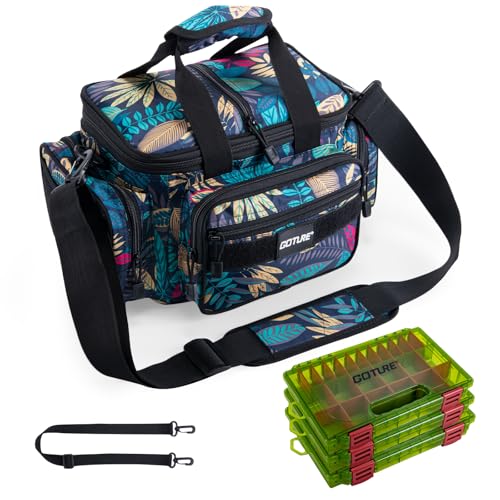 Goture Fishing Tackle Bag with 3pcs 3600 Green Tackle Boxes,600D Water-Resistant Soft Side Cross Body Sling Fishing Bag, Small Saltwater Gear Storage Tactical Bags, Gifts for Men/Women - color: A1:Blue Leaf with 3 Green Tackle Boxes, size: Small