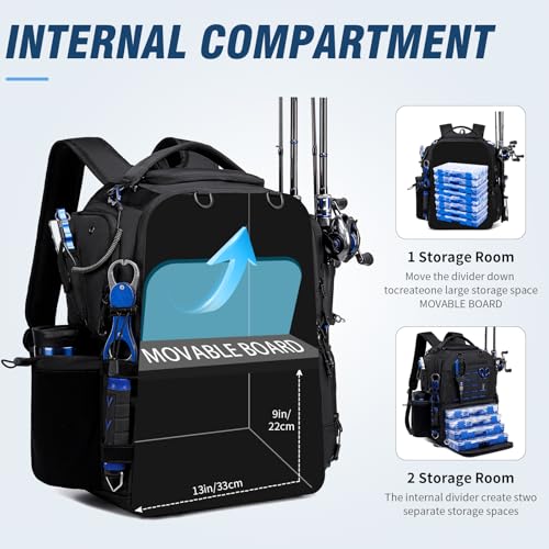 Fishing Tackle Backpack with 2 Rod Holders, Multi-Pocket Tactical Bag with Bottle Holder, 50L Extra Large Fishing Bag for Fishing Gear and Equipment, Black - color: Black