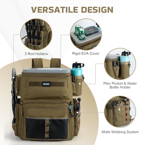 Goture Fishing Backpack with Cooler, 66L 600D Tackle Backpack with 3 Rod Holders, EVA Cover, Helmet Holder, Rain Cover, Saltwater Large Fishing Bag for Camping Hiking, Gear Storage Bag, Gifts for Men - color: A1:khaki(without Tackle Box)