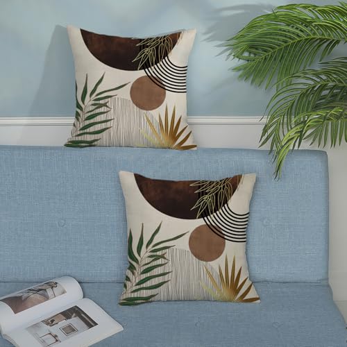 Brown Boho Pillow Covers 16x16 Inch 2 Pcs Tan Tropical Leaf Mid Century Summer Outdoor Decor Throw Pillows Modern Geometric Farmhouse Decoration Pillowcase Linen Cushion Cover for Couch Sofa - color: Brown Boho, size: 16" x 16" (Pack of 2)