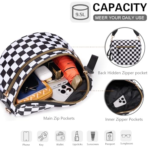 Pure Colour Crossbody Bum Bags for Women Spacious Checkered Cross body Bag Nylon Trendy Fanny Pack for Travel - color: Black and White Checkered