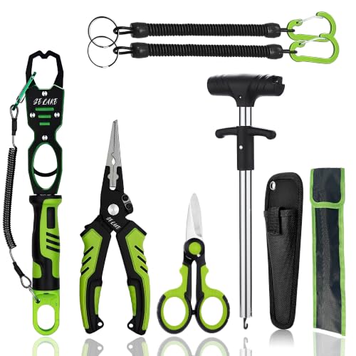 Selake 7 PCS Complete Fishing Tools Set, Fish Lip Gripper with Scale, Fishing Pliers, Hook Remover, Line Cutter & Scissors, Corrosion Resistant for Saltwater Freshwater Kayak Ice Fishing - color: Green
