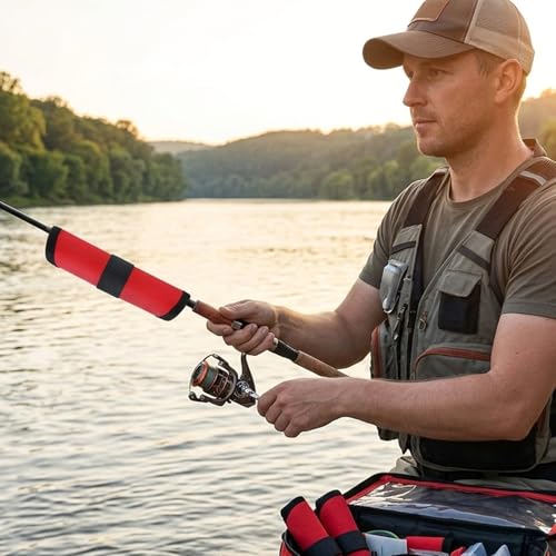 9PC Fishing Hook Covers Set,8 Red Lure Wraps for Fishing Rod and 1 Clear PVC Lures Protector,Fishing Lure Wraps,Bait Storage Protector Easily See Bait Glove to Keep Fishermen Safe