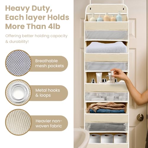 Easy Assembly Over The Door Organizer, 6 Shelves&10 Side Pockets, Heavy-Duty Reinforced Mesh Rack Holds 44lb, Hanging Behind Door Storage for Bathroom Pantry, Nursery, Closet, Shoes,Towels-Ivory White - color: Ivory White, size: 6 shelf