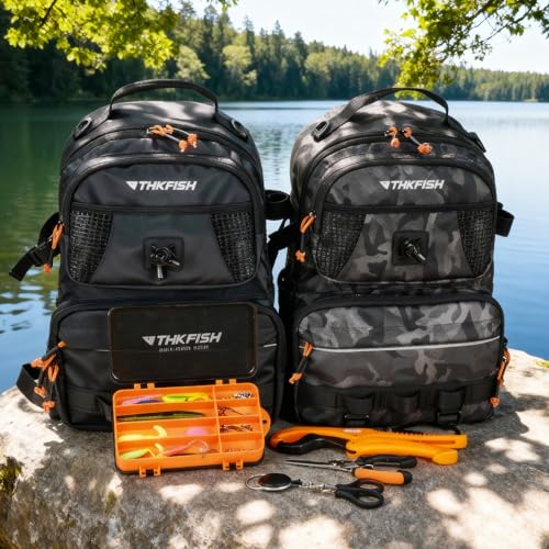 THKFISH Fishing Backpack Tackle Sling Bag, 20L Tackle Backpack with Rod Holder Store Fishing Gear, Gifts for fishermen - color: Black Camo