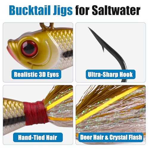 Bucktail Jigs Saltwater Fishing Lures, 5pcs Premium Bucktail Hair Jigs Head Saltwater Striper Lures for Bass Flounder Bluefish Halibut Redfish Surf Fishing 1/4oz 1/2oz 1oz 1.5oz 2oz - color: Brown/White, size: 1.5oz