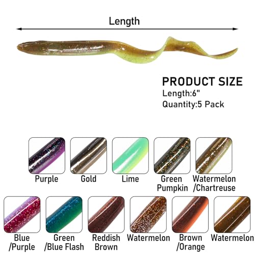 Dr.Fish 5 Pack Sand EEL Lures Saltwater Soft Fishing Lures Swimbait 6 Inch 3/8oz Surf Fishing Creature Baits Soft Plastic Artificial Ribbontail Worm - color: Green Pumpkin