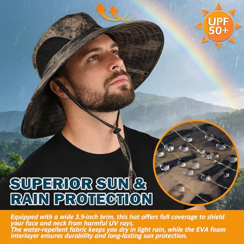 Wide Brim Sun Bucket Hat, Waterproof Boonie Hat for Men & Women | UPF 50+ UV Protection, Adjustable Fit, Chin Strap & Sweatband, Foldable Durable for Fishing Hiking Garden Beach - color: 05 Khaki (Camo)