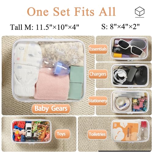 6 pcs Zipper Pouches, Hard Shell Toiletry Bag, Stackable Travel Organizer, Cosmetic Bags, Transparent Diaper Bag, Storage Cases (Tall M + 5S) - color: White, size: Tall M+5S