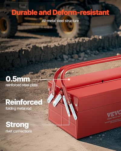 VEVOR Metal Tool Box, 14-inch, 2-Tier 3-Tray Portable Folding Tool Chest Organizer with Handle & Lock Hole, Powder Coated Steel, Cantilever Toolbox for Household Factory Warehouse Repair Shop, Red - style: 2 Tier-3 Tray