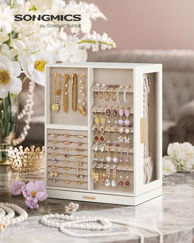 SONGMICS GISELLA Collection - Jewelry Box 360° Rotating, Jewelry Storage Case with 7 Drawers, Jewelry Organizer, Glass Window, Open Design, Great Gift, Light Warm White and Light Camel UJBC201W01 - color: Cloud White, size: 7 Drawers (6.3"d X 8.7"w X 13"h