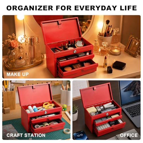 BIG RED Mini Steel Tool Box with Drawer, Small Metal Tool Box Organizer | Lockable Top Storage, Multi-Purpose Portable Tool Box Organize for Desk, Home, Garage, desk or Workbench, Red - color: Red, size: 10.7 Inch