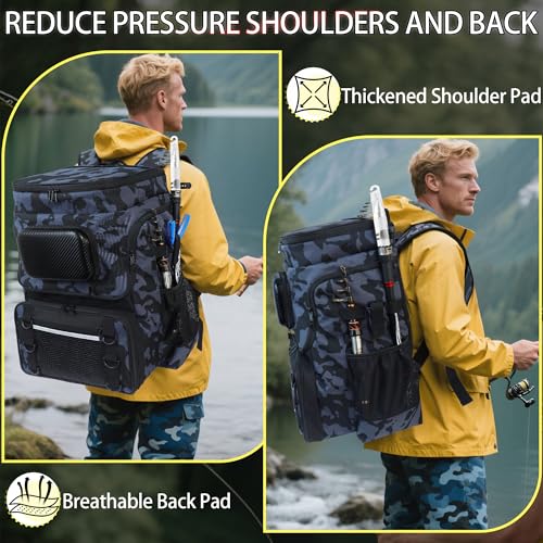 Fishing Backpack with Rod Holder, Large 50L Tackle Bag Water Resistant Tackle Backpack Heavy Duty Fishing Bag Gift for Men Woman - color: D: Yellow Camo