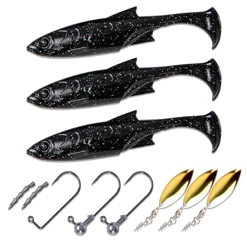 Paddle Tail Swimbaits Set, Ultra Soft PVC，Freshwater & Saltwater Ready, Includes Hooks, Weight & Spinnerbait Blades，Fishing Gear for Bass and Predator Fish - color: Black