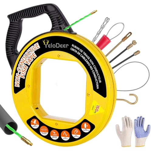 Non-Conductive Fish Tape Wire Puller 150 FT x 4.5 mm with Gloves and 7 Adapters, Flexible PET Wire Fishing Tools for Walls and Electrical Conduit, Rust-Proof - size: 150Ft kit