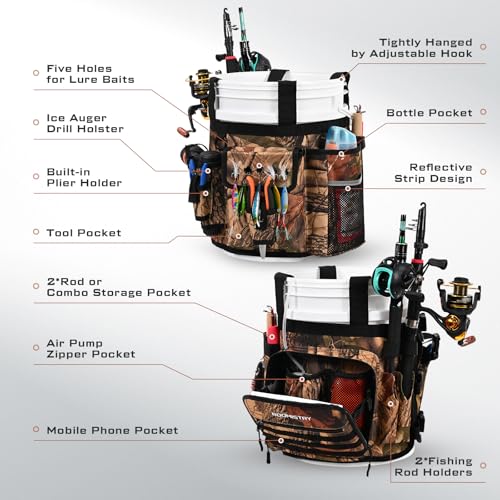 Boomistry Fishing Bucket Organizer for 5 Gallon Bucket, Brown Camo | 15 Multi-Pockets, 4 Built-in Rod Holder Storage, 3 Adjustable Buckles, for All Fishing Gear & Tackle Accessories - color: Brown Camo