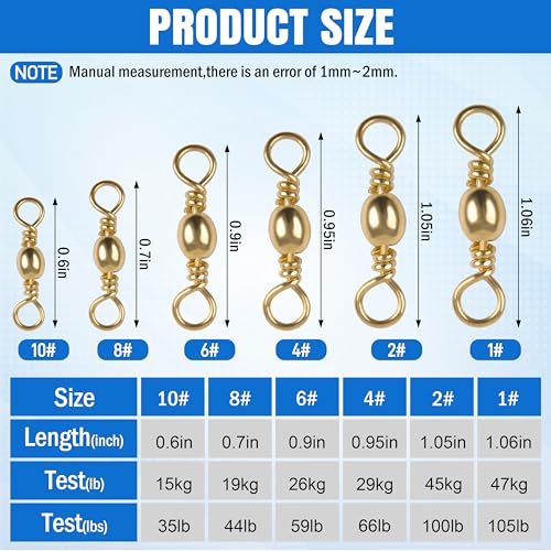 SILANON Barrel Swivels Fishing Tackle,60/120pcs Rolling Ball Fishing Swivels Connector Stainless Brass Solid Rings High Strength Saltwater Fishing Swivels Accessories - color: Golden, size: 6#-60pcs