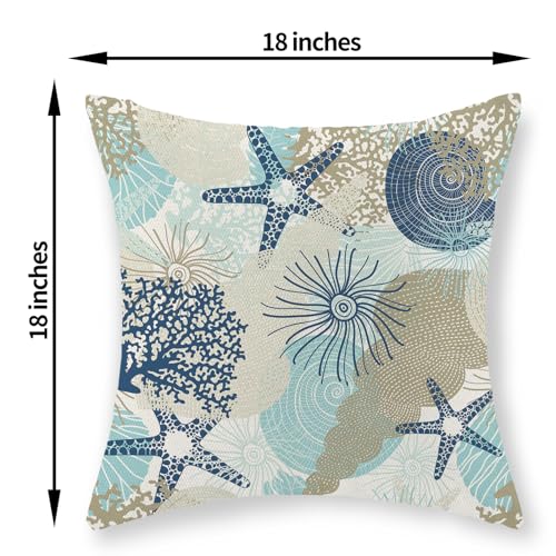 Nautical Coastal Pillow Covers 18x18 Inch Set of 2, Beach Themed Ocean Throw Pillows Starfish Seashell Decorations Summer Pillowcase Linen Outdoor Decor Farmhouse Cushion Case for Home Bedroom - color: Coastal 1, size: 18" x 18" (Pack of 2)