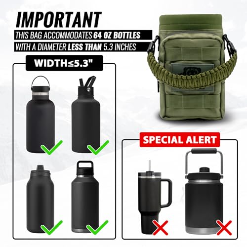 NATURE PIONEOR 32 64 128oz Tactical Water Bottle Pouch, Multi-Function Tactical Water Bottle Bag with Adjustable Shoulder Strap, Half/One Gallon Molle Strap Carrier Holder - color: Green, size: 64OZ