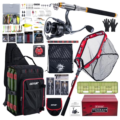 Goture Fishing Kits for Adult,Fishing Pole and Reel Combo, OpenSide Fishing Sling Tackle Storage Bag with 3 Tackle Boxes,Gift for Men - color: Black 12L bag + 3600 trays + landing net, size: 9FT/2.7M