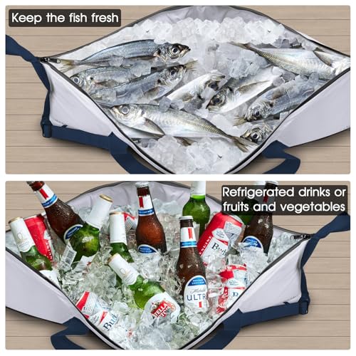THKFISH Insulated Fish Cooler Bag, Fish Kill Bag for Caught Fish Ice Cold - color: White-Blue, size: 40*16IN