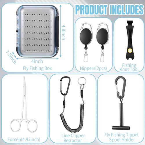 Pickmesh 7 Pcs Fly Fishing Tools Kit and Accessories, Fly Fishing Box, Fly Fishing Tippet Spool Holder, Fly Fishing Nipper, 2 Fishing Zinger Retractor, Fly Fishing Forceps and Fishing Lanyard