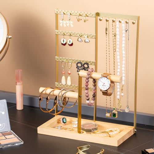 Jewelry Organizer Stand, Jewelry Holder, Lengnoy 4 Tier Earring Holder with 48 Holes and 6 Hooks Necklace Organizer Wood Box for Necklace Bracelet Earring Ring, Gold - color: Gold, size: 11 IN