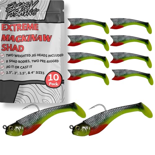 Mackinaw Shad Pre Rigged Swimbait, Paddle Tail Swim Baits, Ready to Fish Soft Plastic Swimbaits, Swim Baits for Bass Fishing, Saltwater Fishing Lures and Freshwater Fishing Lures - color: Black Chartreuse