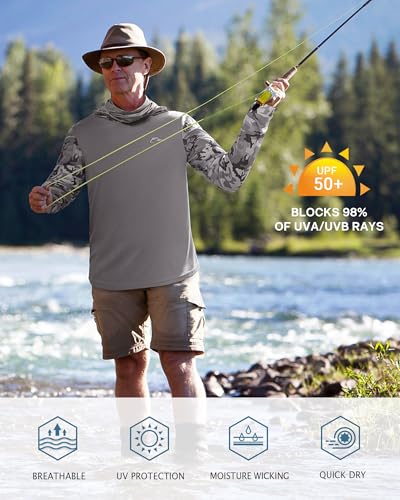 FISHEAL Men's Performance Fishing Hoodie Shirt - UPF 50+ UV Sun Protection Long Sleeve Shirts with Mesh Face Mask - color: Castle Gray Camo, size: Medium
