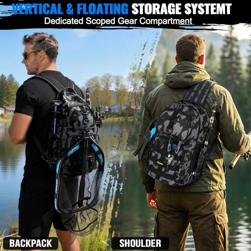 PLUSINNO Fishing Gear- Fishing Rod and Reel Combos, Fishing Backpack, Fishing Net, Fishing Bag with Rod Holders and Tackle Box for Freshwater/Saltwater, Fishing Gifts for Men - style: Black Backpack Tools With Rod&net