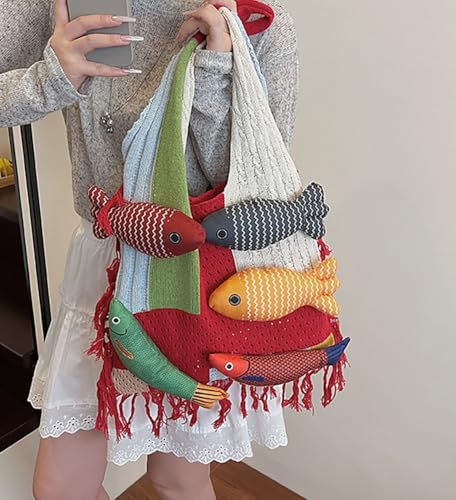 Knitted Beach Shoulder Bag for Women 3D Fish Bohemian Tote Versatile Purse Soft Hobo Handbag for Summer Vacation 2026 - color: A Red