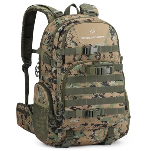 Maelstrom Tactical Backpack for Men, Water Resistant 40L Military Bag | Molle System, 900d Polyester, Laptop Pocket, Load Compression, Tripod Straps, For Hunting, Travel, Hiking,Gym, Camping - color: E.woodland Camo