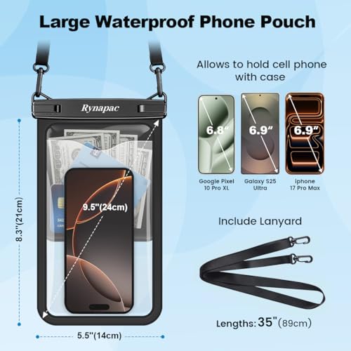 Rynapac Large Waterproof Phone Pouch [Up to 10"] - 2 Pack IPX8 Waterproof Phone Case for iPhone 17 16 15 Pro Max Galaxy S26 Ultra, Touchscreen & Underwater Photography, Beach Cruise Essentials 2026 - color: [Mint + Pink] Large Waterproof Phone Pouch, size