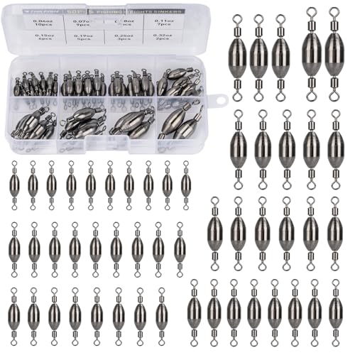 THKFISH Brass Fishing Sinker Swivel, 5 Size Trolling Sinkers Swivel Weights Quick Set Up Lead Fishing Sinker with Inner Swivel Rolling for Fishing Saltwater Freshwater,1/32-1/2 OZ - size: MIX-50PCS