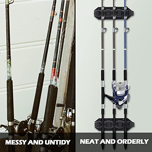 Sratte 2 Pcs Fishing Rod Holder Wall Mount Fishing Pole Holders for Boats 3 Rod Black Horizontal Garage Wall Pole Rack Summer Boat Accessories for Men Gifts