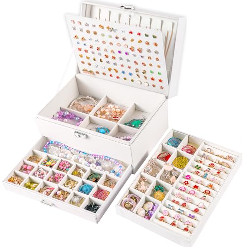QBestry Earring Jewelry Box for Women Girls Stud Organizers, 5 Layers White Jewelry Organizer Box with Lock Necklaces and Earrings Holder Jewelry Box with Earring Organizer for Women Girls Xmas Gifts - color: White, size: Large