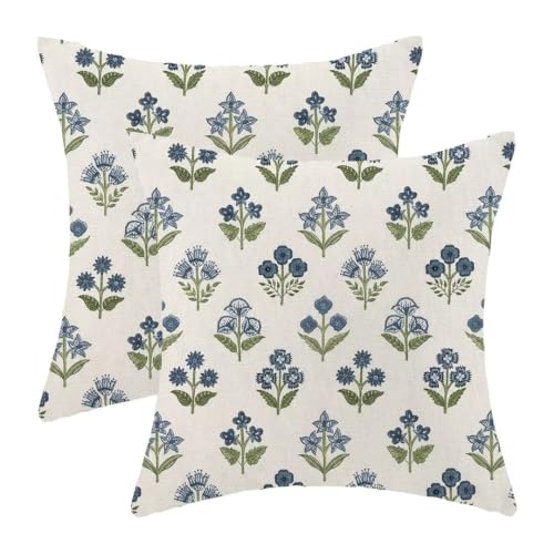 AEIOAE Blue Green Block Print Pillow Covers 18 X 18 Inch Set of 2, Floral Decorative Throw Pillow Covers Linen Outdoor Farmhouse Pillowcase Cushion Case for Home Sofa Decor - color: Floral3, size: 18" x 18" (Pack of 1)