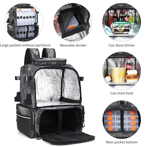 Rabjen Fishing Tackle Backpack, 45L Storage Waterproof Travel Bag Store Fishing Gear with Insulated Top Pocket - color: Camouflage Black, style: Standard Size 4 Tackle Boxes Not Included 900d Nylon