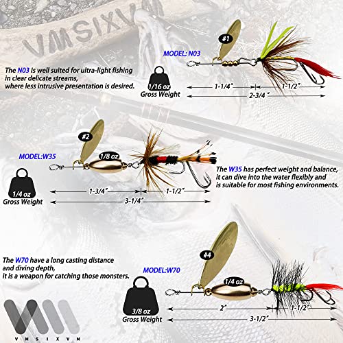 Trout Lures Fishing Spinnerbaits, Rooster Bait Tail Hard Metal Brass Spinner Baits Trout Fishing Lures for Bass Salmon Pike Freshwater Saltwater - color: A2-W35-6pcs-1/4oz