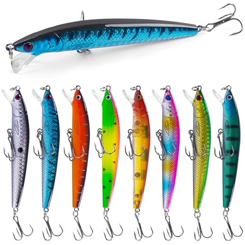 Suspending Jerkbait Fishing Lures, Minnow Lures Jerk Bait Bass Fishing Bait with Treble Hook Artificial Floating Jerkbait for Bass Trout Pike Walleye Freshwater Saltwater - color: Type A:8pcs-3.8in/0.27oz