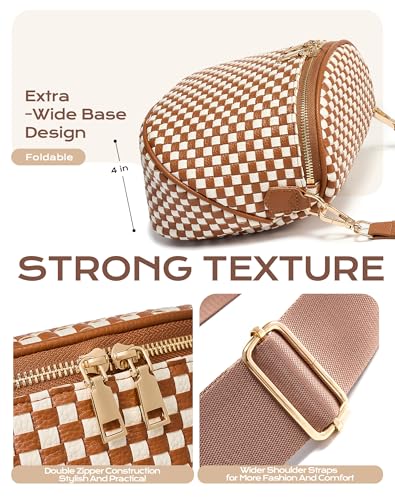 Trendy Woven Checkered Crossbody Bum Bag for Women，PU Leather Checkered Purse Fanny Packs Belt Bag (Woven Bum Bag - Brown White) - color: Woven Bum Bag - Brown White