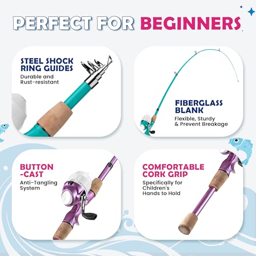 Kids Fishing Pole, Portable Telescopic Kids Fishing Poles for Boys Girls Youth, Fishing Rod and Reel Combo - color: Turquoise+Metallic Pink